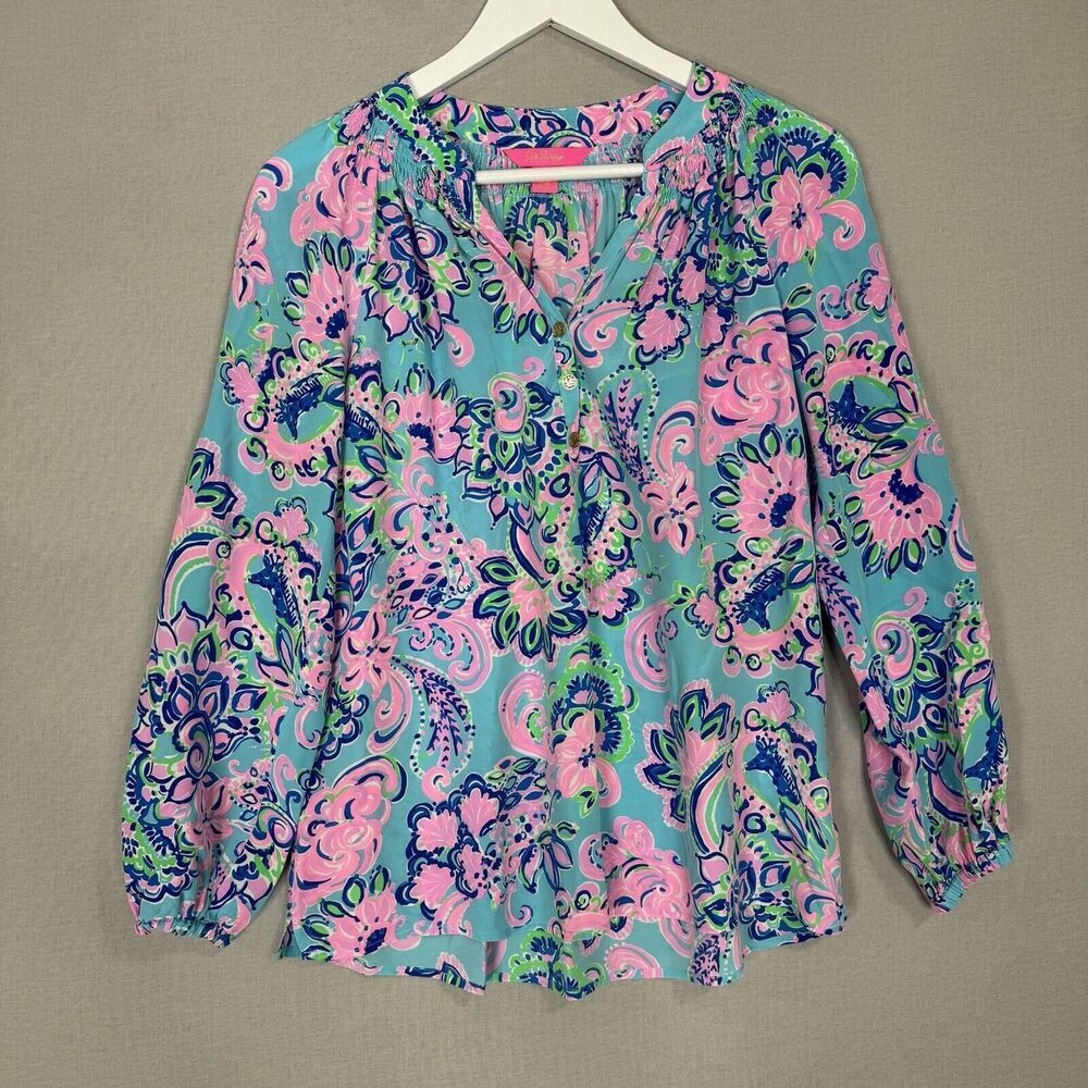 Lilly Pulitzer Womens Top S Blue 100% Silk Elsa Blouse Coastal Nautical Preppy